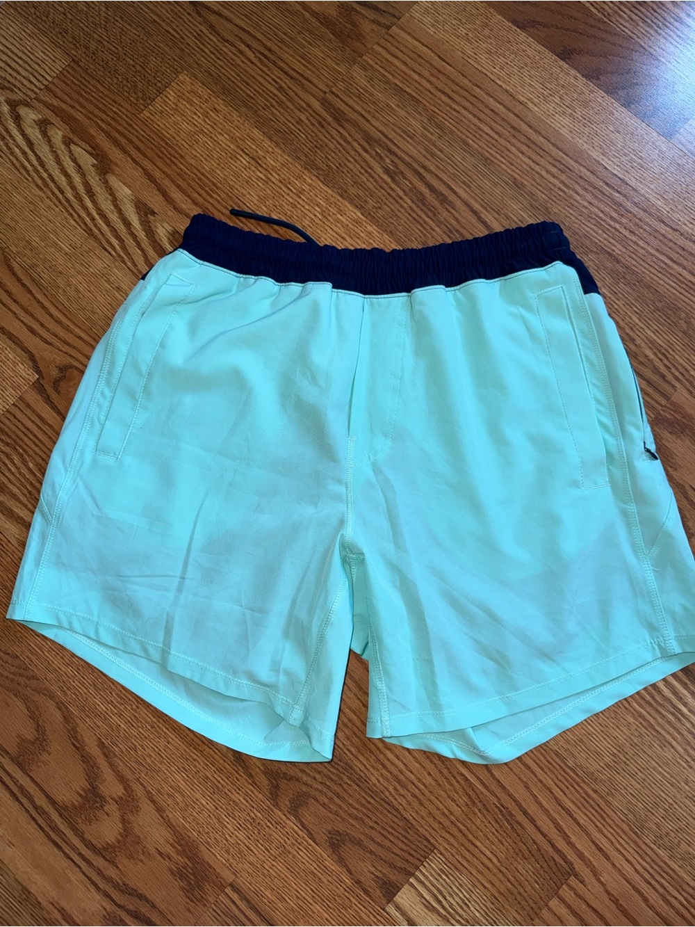 Men's Aqua Athletic Shorts with Navy Waistband Large 5”